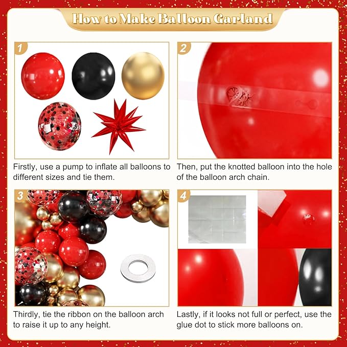 Red and Black Gold Balloon Garland Arch Kit, 140Pcs Red Black Metallic Gold Confetti Balloons With Stars for Birthday Wedding Birdal Shower Anniversary Graduation Casino Party Decorations