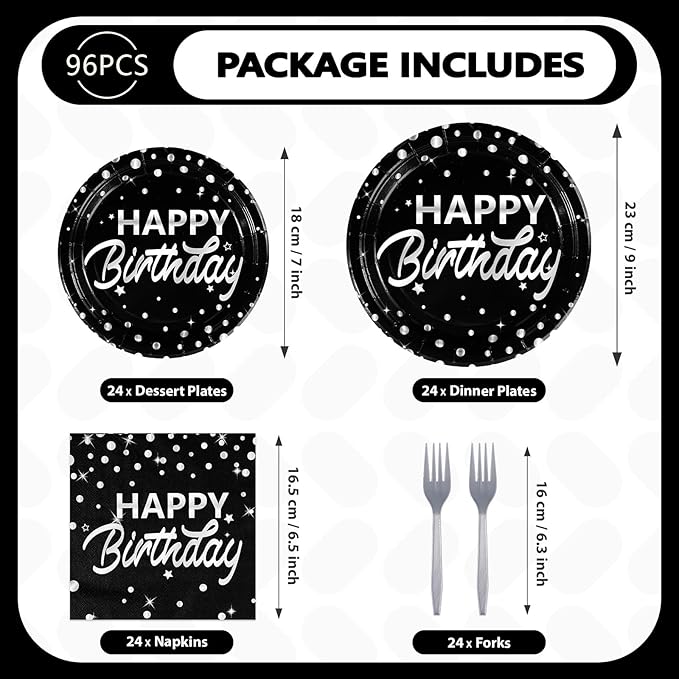 Grencian 96Pcs Black and Silver Happy Birthday Party Supplies Decorations Silver Star Polka Dots on Black Paper Plates and Napkins Disposable Dessert Tableware Set for Women Men Adult Party Serves 24