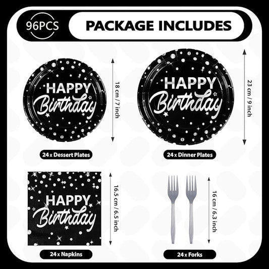 Grencian 96Pcs Black and Silver Happy Birthday Party Supplies Decorations Silver Star Polka Dots on Black Paper Plates and Napkins Disposable Dessert Tableware Set for Women Men Adult Party Serves 24