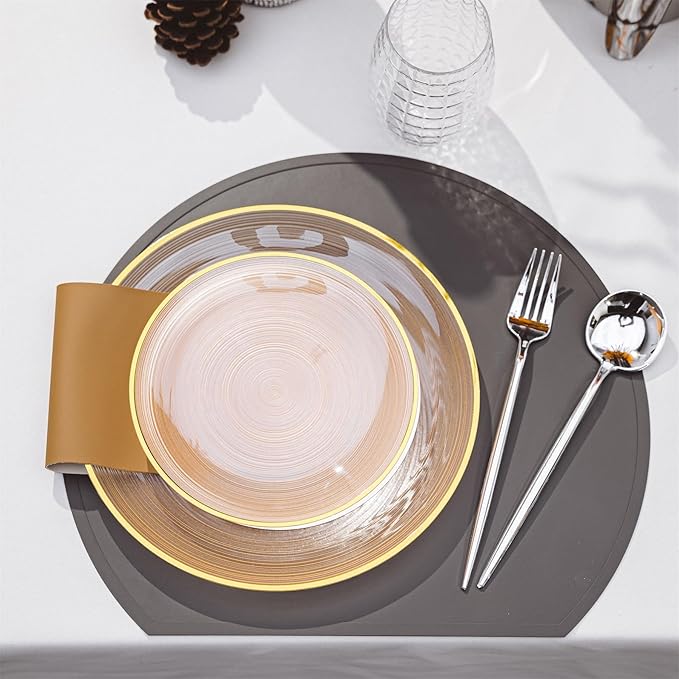 N9R 60PCS Orange Plastic Plates with Gold Rim, Elegant Disposable Plates, Circular Ribbed Design, 30 Dinner & 30 Dessert Plate for Parties, Weddings, Banquets and Events (Translucent Orange)