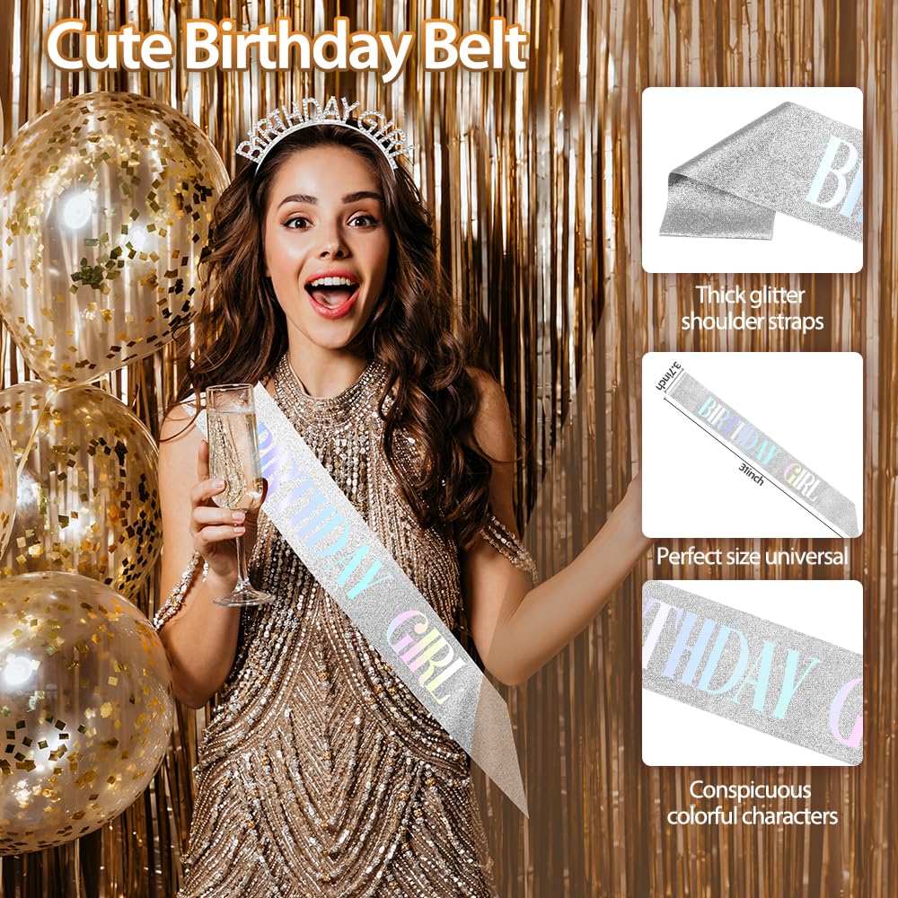 Birthday Crown Birthday Sash for Women, Birthday Girl Sash, Birthday Girl Crown, Glitter Silver Birthday Sash and Crown Rhinestone Headband Set, Happy Birthday Girl Princess Tiara Sash Accessories