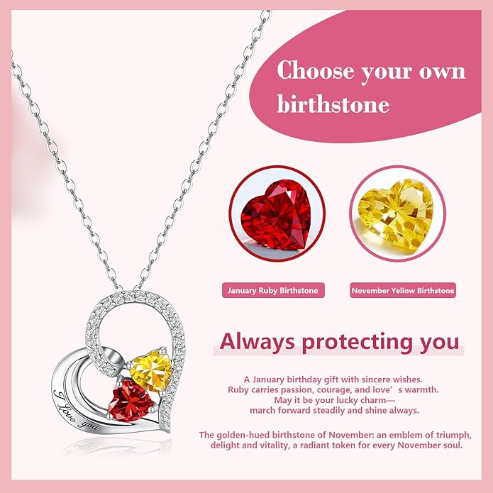 Double Birthstone Heart Necklace 0.8CT Dual-Gemstone S925 Sterling Silver Plated White Gold Engraved I Love You Perfect Anniversary/Valentine's Day Gift for Wife/Girlfriend/Mom/Daughter