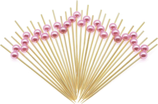 Minisland Pink Pearl Cocktail Picks, 4.7 Inch Long Bamboo Fancy Toothpicks for Appetizers, Decorative Valentines Baby Shower Holiday Party Food Drink Garnish Fruit Skewer Sticks 100 Counts - MSL153