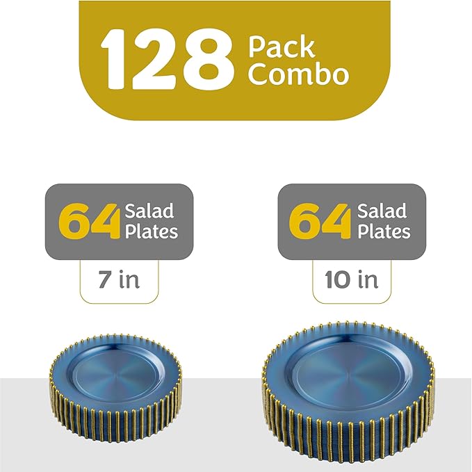 PLASTICPRO 128 Piece Combo Plastic Dinner Plates Disposable Plastic Fancy Heavy Duty Party Dishes 7 inch and 10 inch, Translucent Blue and Gold Beaded