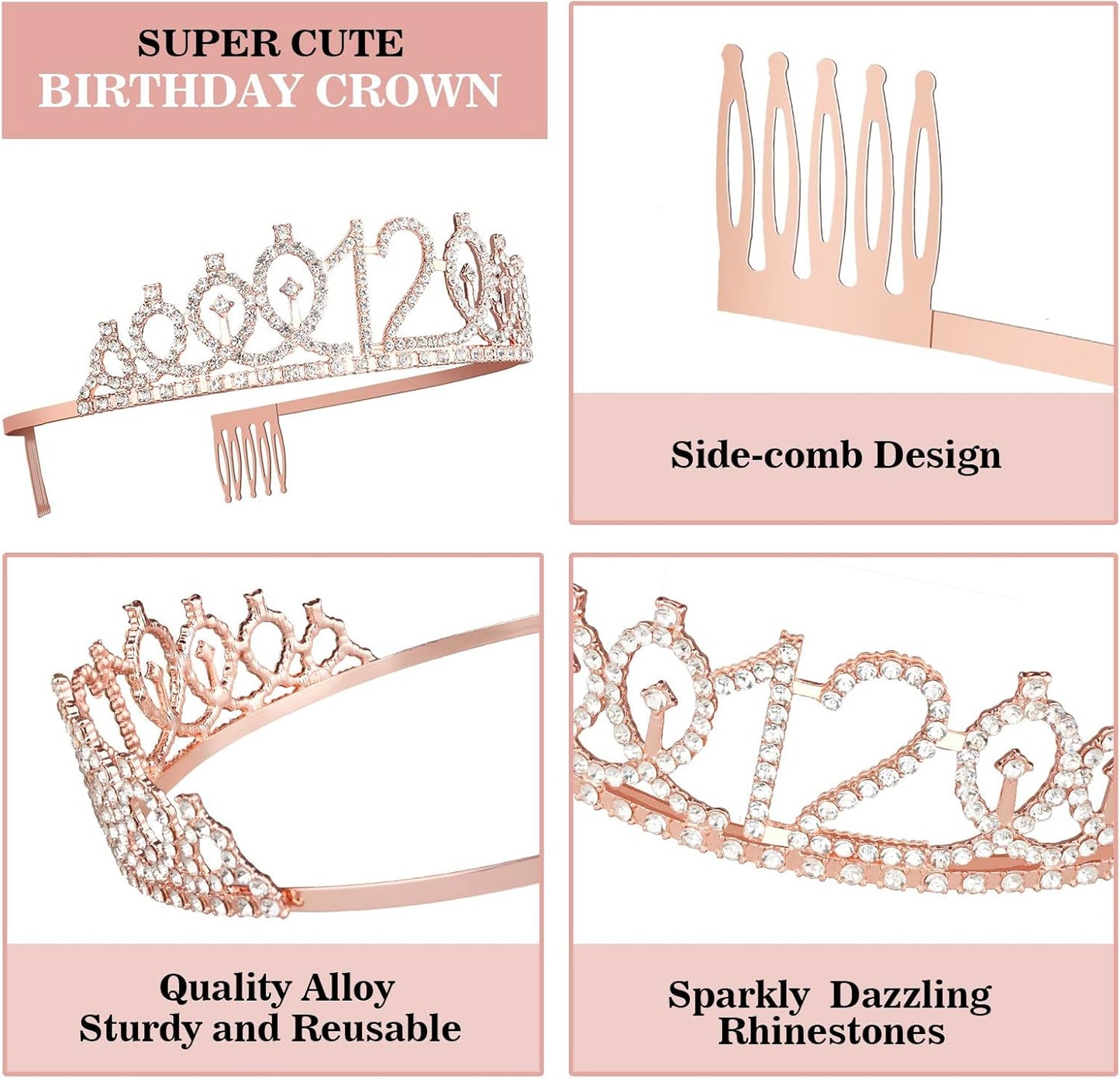 12th Birthday Decorations for Girls Including Sash, Crown/Tiara, Candles and Cake Topper, Rose Gold 12 Year Old Birthday Party Decorations for A Girl