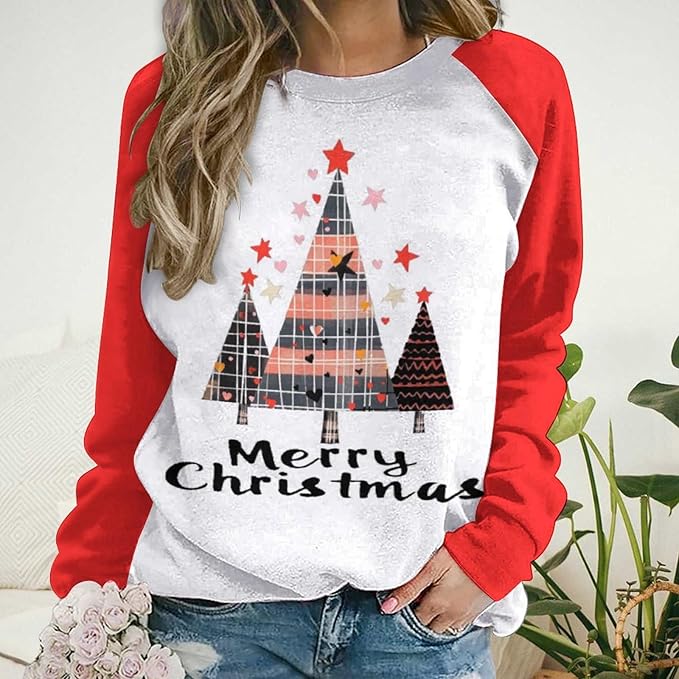 LOAIHA Christmas Sweatshirts for Women Christmas Tree Graphic Shirt Xmas Long Sleeve Merry Christmas Pullover Blouse