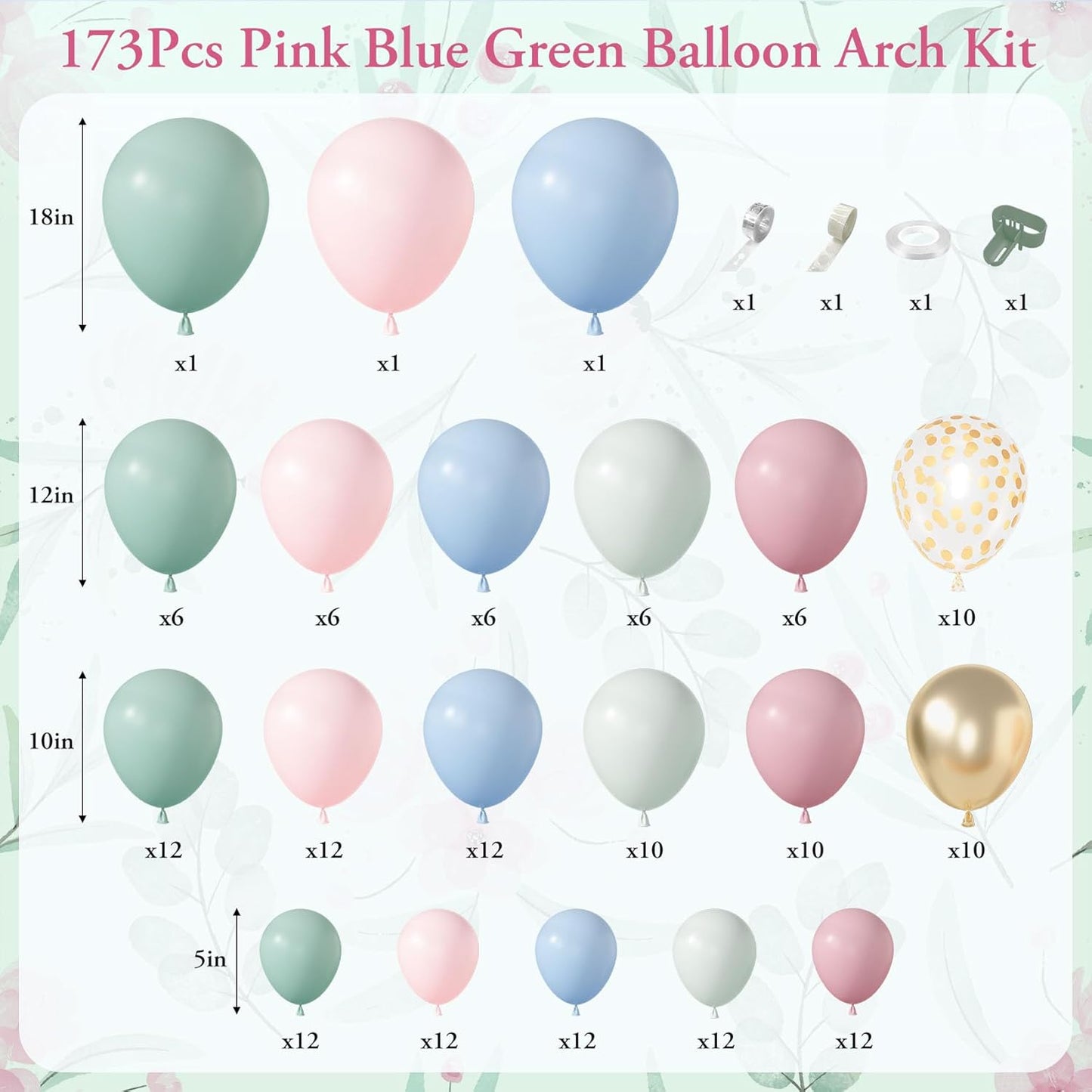 Amandir 173Pcs Pink Blue Green Balloon Arch Garland Kit, Dusty Baby Pink Mauve Pastel Mist Haze Green Blue Gold Confetti Balloons for Baby Shower Gender Reveal Wildflower Birthday Party Decorations