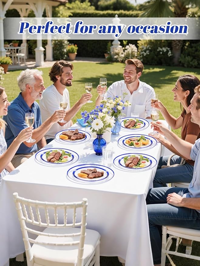 WDF 12 Inch Disposable Charger Plates - 25Pack Plastic Clear and Blue Charge Plates Perfect for Passover/Easter/Dinner/Wedding/Party/Elegant Tabletop Decor