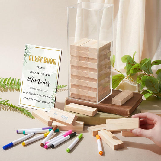 80 Pcs Wedding Guest Book Alternative Wooden Block Guest Book for Wedding Sign in Bridal Shower Decoration Wooden Block Bridal Shower Game for Sign in, Reception(Greenery)