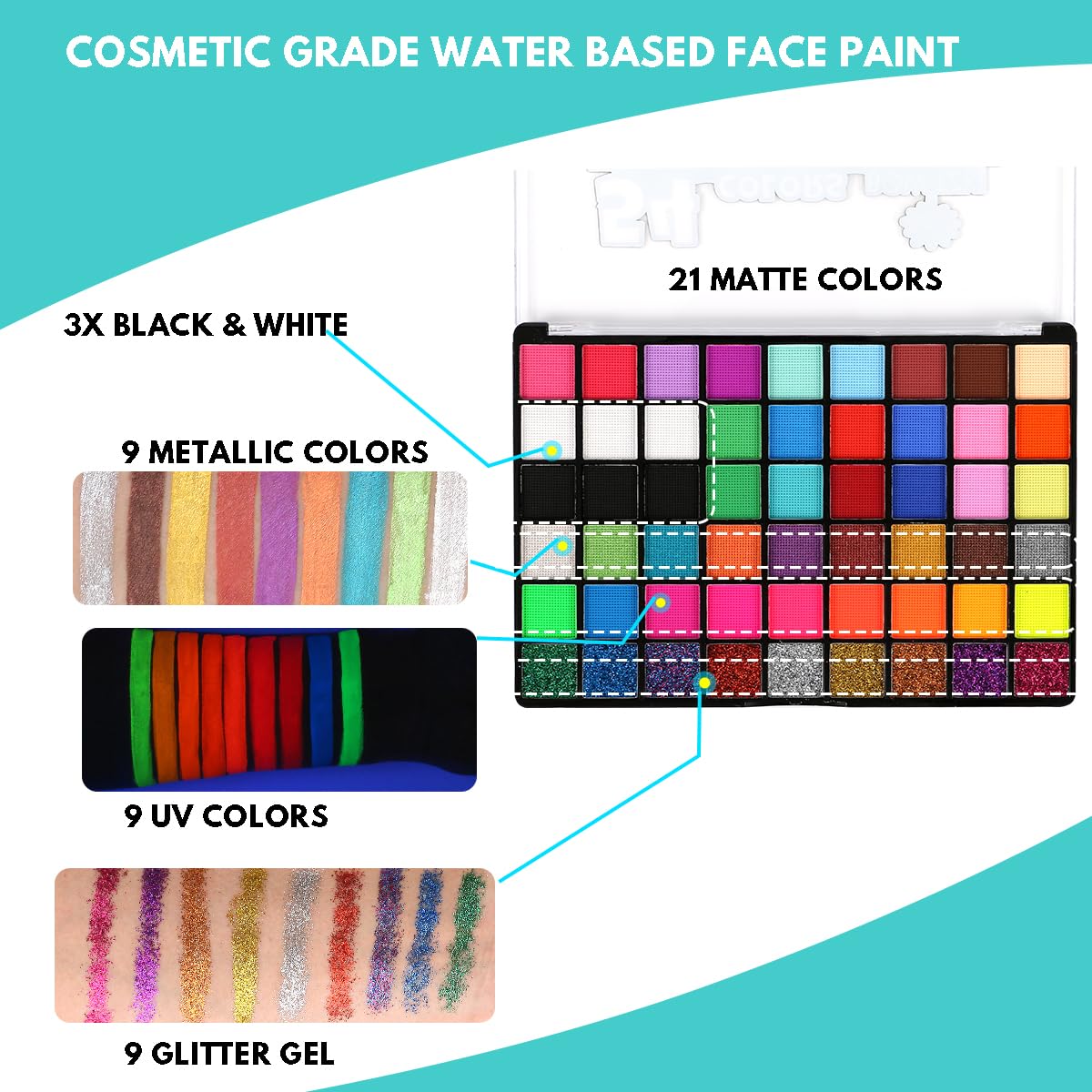 Bowitzki Face Paint Kit with 54 Colors, 8 sheets Stencils, 2 Glitters,10 Brushes, 1 Sheet Gems, Water Based Face Painting Kit, Safe Professional Halloween Party Makeup Set