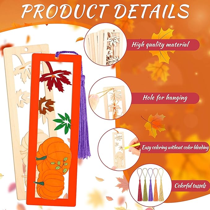 Yexiya 100 Pcs/50 Set Thanksgiving DIY Wooden Bookmarks Bulk for Book Lovers, Fall Bookmarks Decorations, Maple Leaf Pumpkin Book Markers for Women Men, Autumn Birthday Holiday Gift Art Project