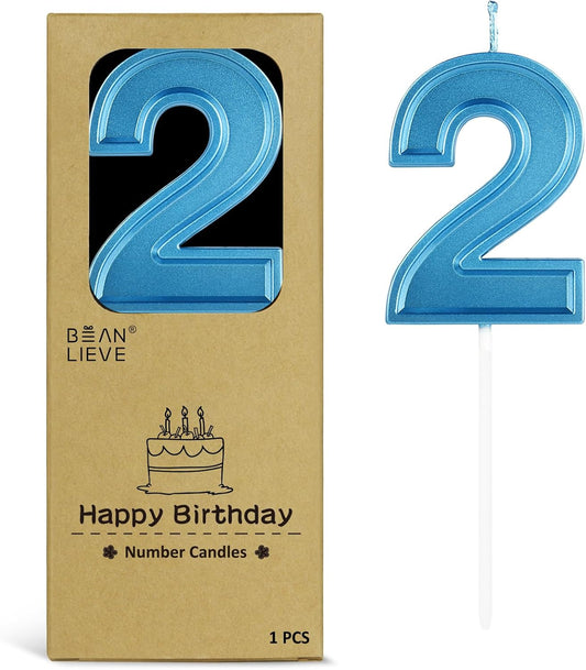 BEAN LIEVE Blue Birthday Candles Number 2, Blue Number Candles, Cake Number Candles for Birthday Parties and Wedding Anniversary Celebrations