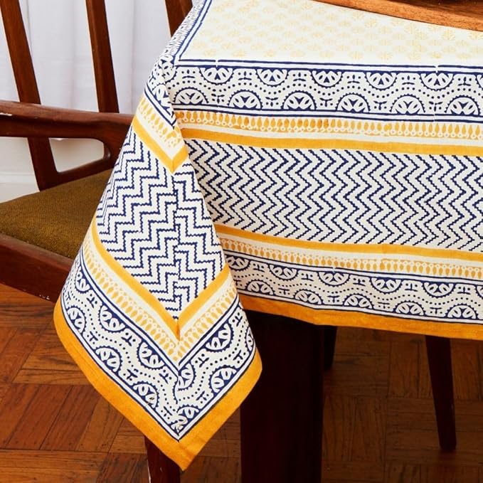 Block Print Cotton Dining Table Cloth, 90" x 60", Rectangle Tablecloth, Decorative Fabric Table Cover, Holidays, Thanksgiving, Christmas, Weddings, Housewarming Gift (Yellow Blue Motif)