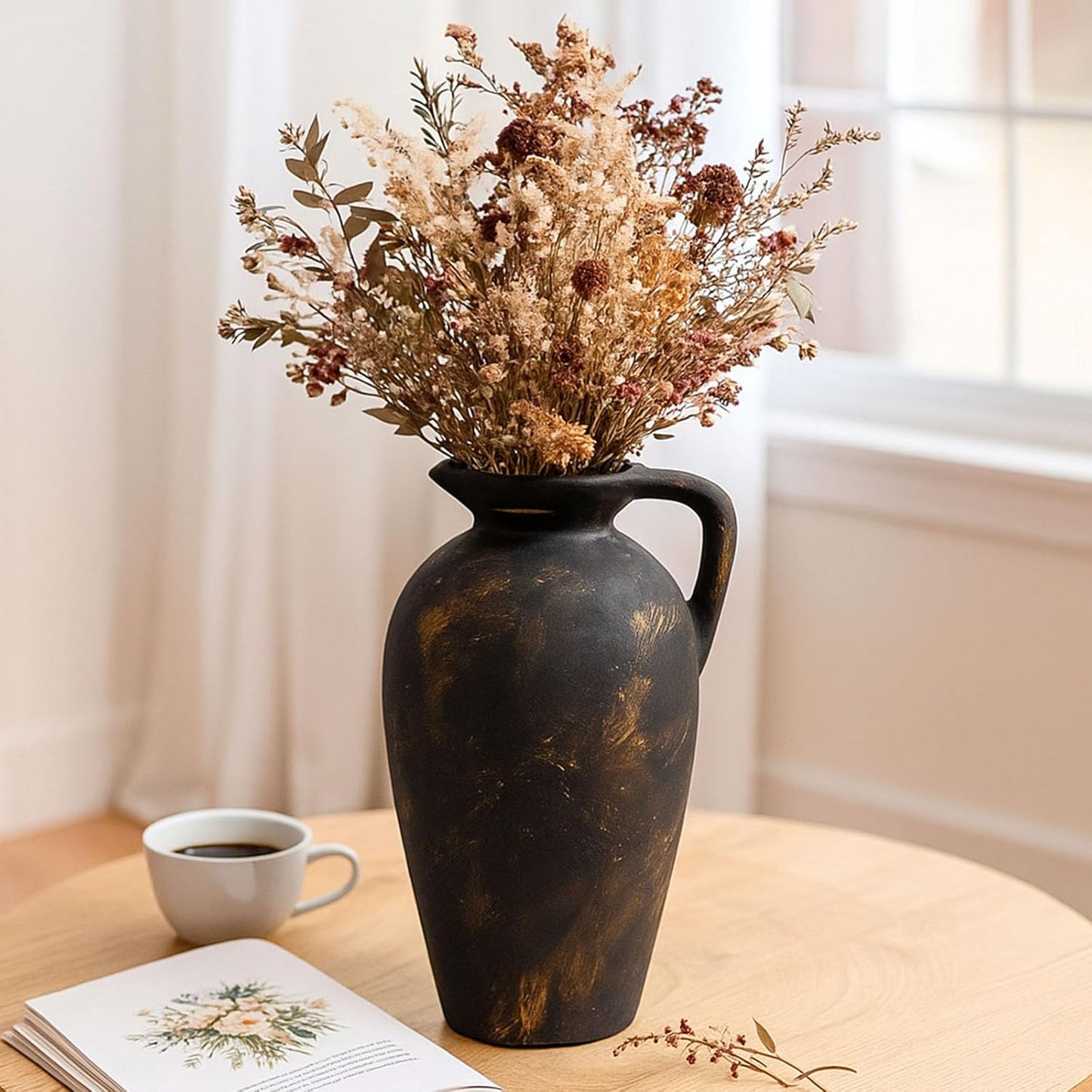Rustic Ceramic Flower Vase with 1 Handle, Small Decorative Terracotta Boho Vase for Living Room, Table Centerpiece, Shelf Decor, Farmhouse, Entryway - 8.8 Inch Tall, Vintage Black