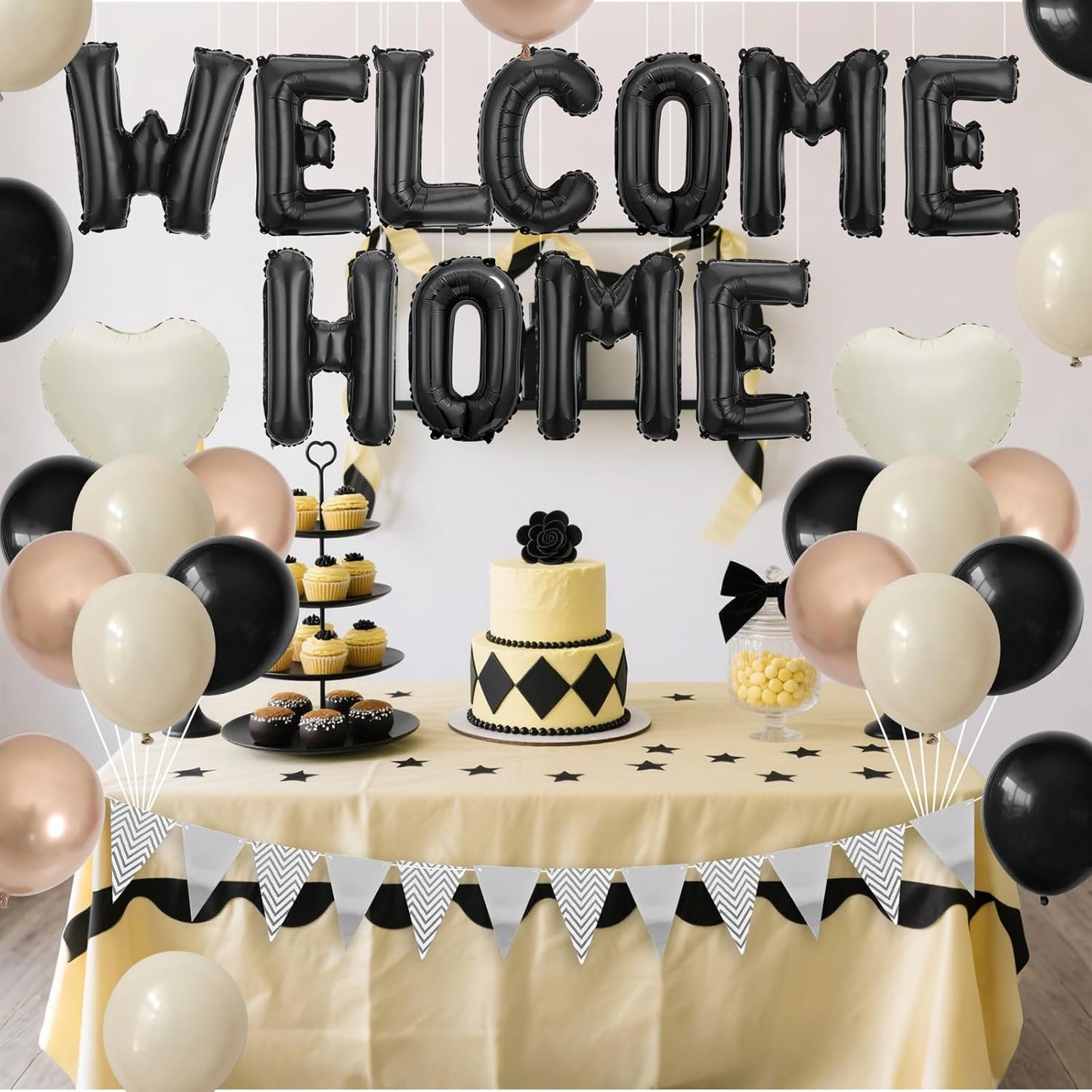 Welcome Home Decorations Black White Gold,Black Welcome Home Foil Balloon Banner with Sand White Heart Balloons Pennant Flag Bunting for Housewarming Baby Shower Family Party Supplies