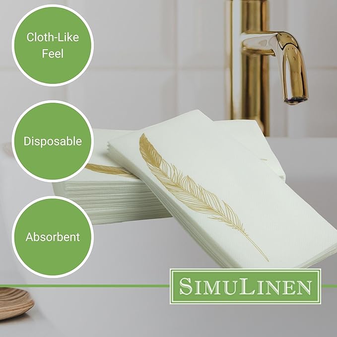 SimuLinen Decorative Gold Feather Design Paper Towels - Hand Towels for Bathroom - Cloth-Like, Linen-Feel for Guest Bathroom Essentials, Size: 12x17” (Pack of 100) Made in Germany