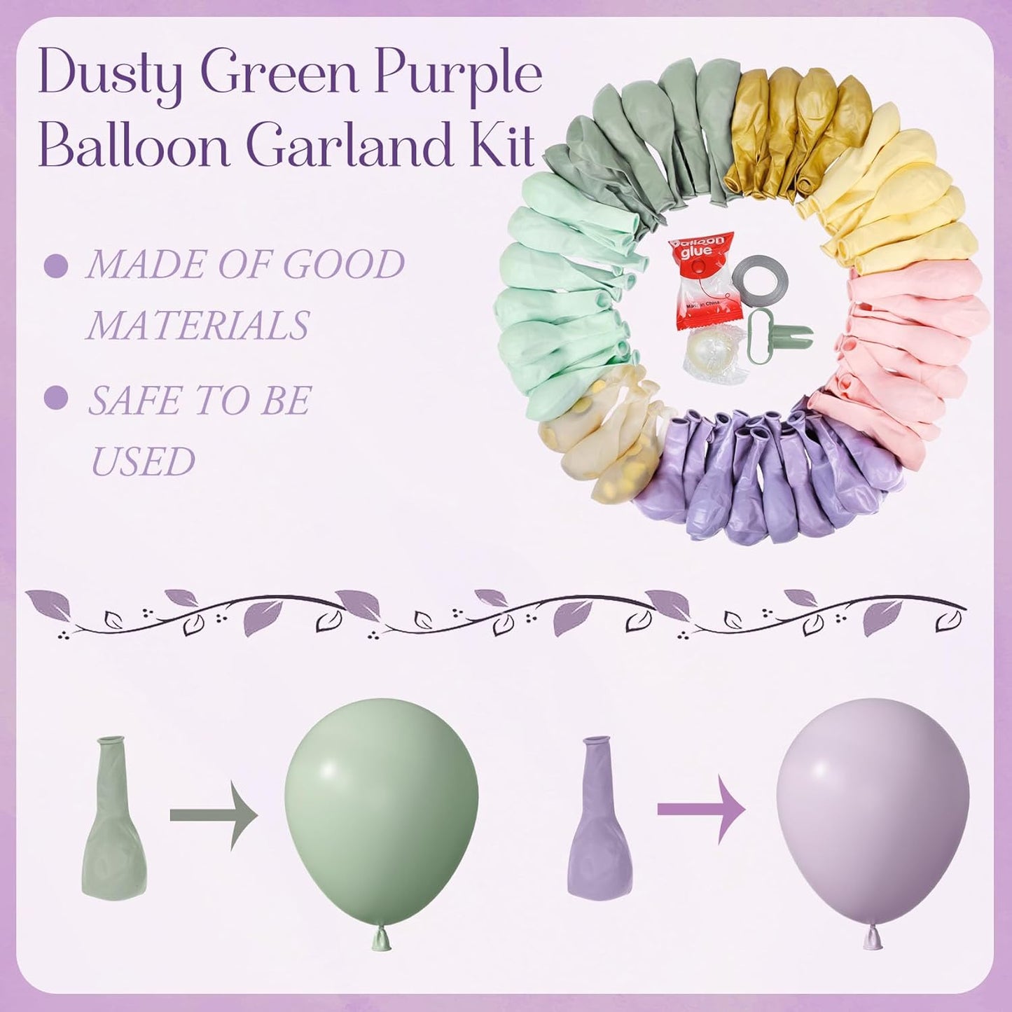 Amandir 173Pcs Dusty Green Purple Pink Balloon Arch Garland Kit, Lavender Pastel Blush Pink Yellow Mist Green Gold Confetti Balloons for Baby Shower Wedding Tea Wildflower Birthday Party Decorations