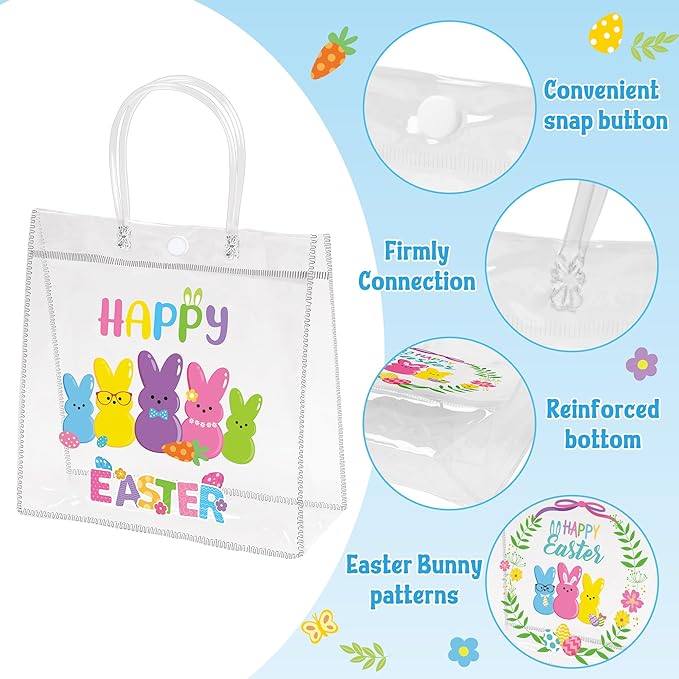 H1vojoxo Happy Easter Gift Bags - 24PCS Colorful Bunny Eggs Clear PVC Tote Bags with Handle Printed with Rabbits Eggs Clear Reusable PVC Gift Wrap Bags for Holiday Party Favor Easter Hunt Bag for Kids