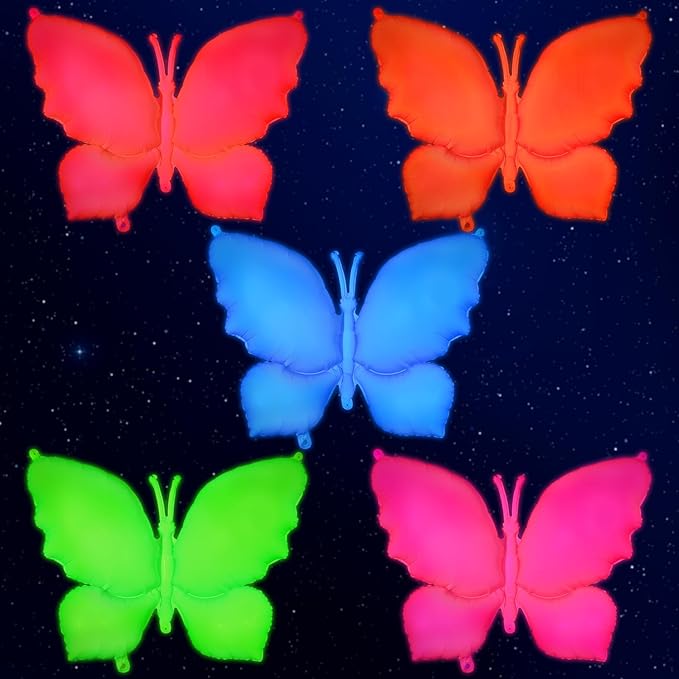 Mega-L Glow in the Dark Party Supplies,5 Pcs Neon Butterfly Balloons Set – Fluorescent Red, Lemon Yellow, Fuchsia, Blue and Orange Balloons Perfect for Birthday, Wedding, Anniversary, Graduation Party