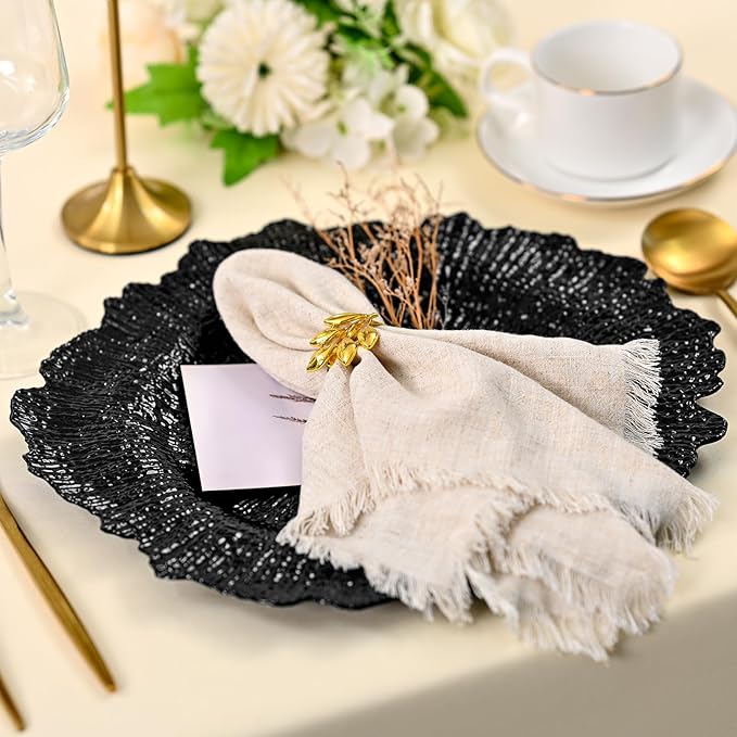 100 Pcs Black Charger Plates Bulk, 13" Reef Plate Chargers for Dinner, Plastic Floral Decorative Plates for Table Setting, Round Table Chargers for Wedding, Christmas, Party, Event, Decoration