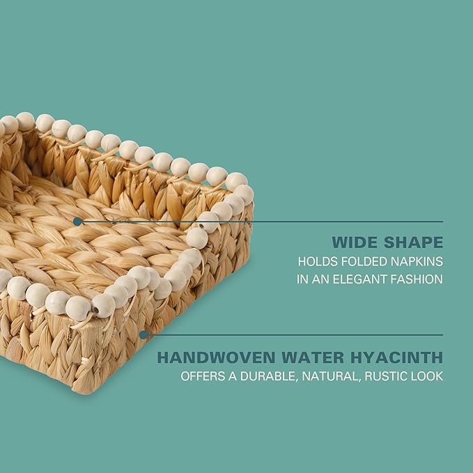 Gibson Home Riverrun Grove Woven Decorative Napkin Holder Tray – Natural Water Hyacinth Square Basket with Wood-Bead Trim for Napkins, Keys, Mail, Coffee Table Décor & Kitchen Counter Storage