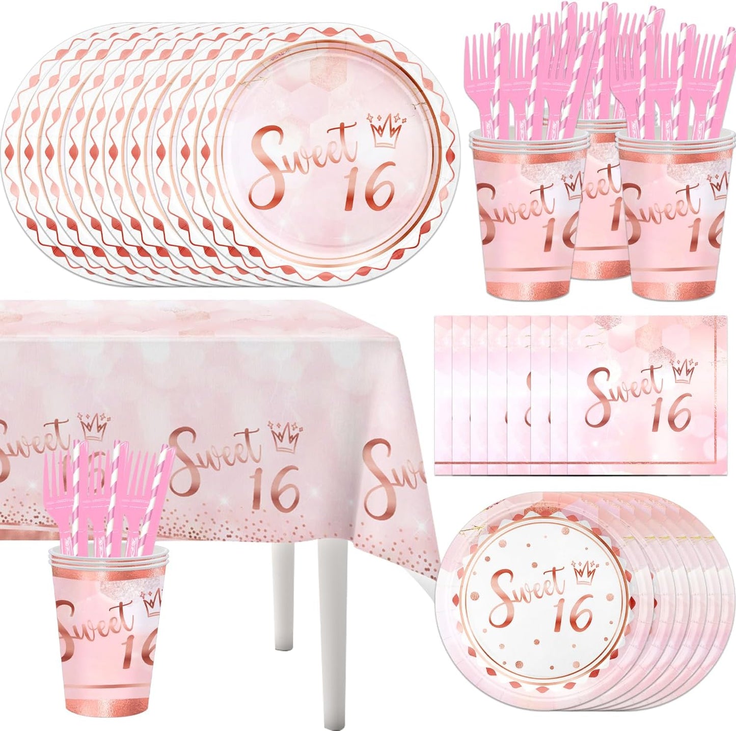141pcs Sweet 16 Party Decorations,Sweet 16 Party Disposable Tableware set Includes Dinner Plate Dessert Plate Paper Napkin Cup Knife Fork Straws Tablecloth Pink Rose Gold 16 Supplies set