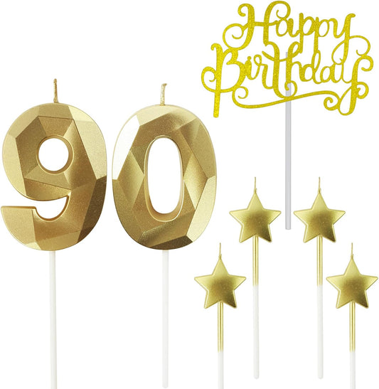 Golden Number 90 Birthday Candles and Star Birthday Candles 2.76 inch Birthday Cake Candles 3D Diamond Shaped Candles are Suitable for Birthday Parties and Anniversary Cake Decorations Candles
