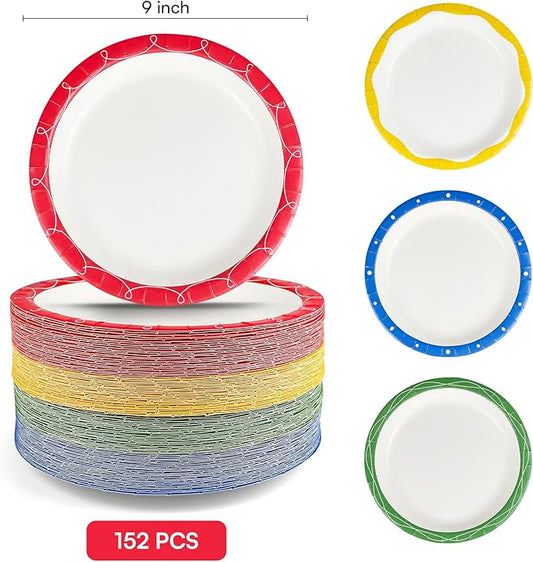 Plates Disposable Heavy Duty 9 Inch, Holiday Paper Plates for Dinner, Heavy Duty Paper Plates for Everyday Breakfast, Lunch, & Dinner Meals, Paper Household Supplies 152PCS