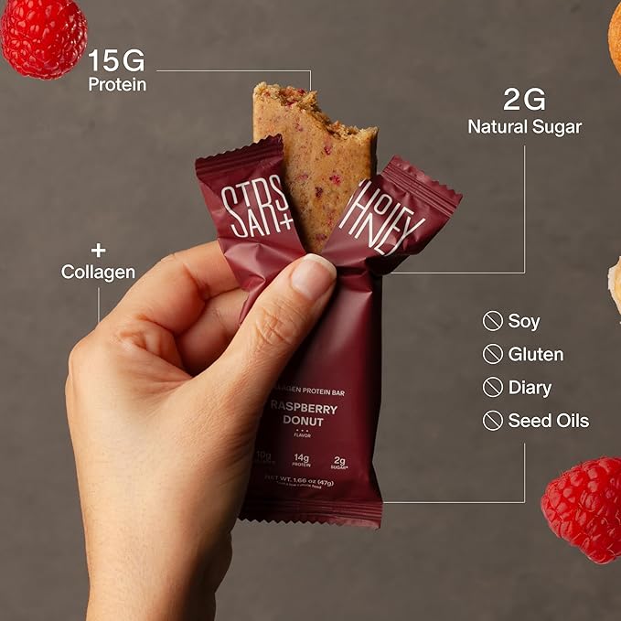 Stars + Honey Protein Bars - The Raspberry Donut, 15g Protein, 2g Sugar, w/Collagen Keto Friendly Snack - Gluten, Dairy, Seed Oil, & Soy Free - High-Protein Snacks for Energy & Recovery -10 pack