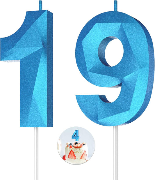 Number Birthday Candles(19 Candle Blue) 3D Diamond Shape Number Happy Birthday Cake Candles for Birthday Party Wedding Decoration Reunions Theme Party