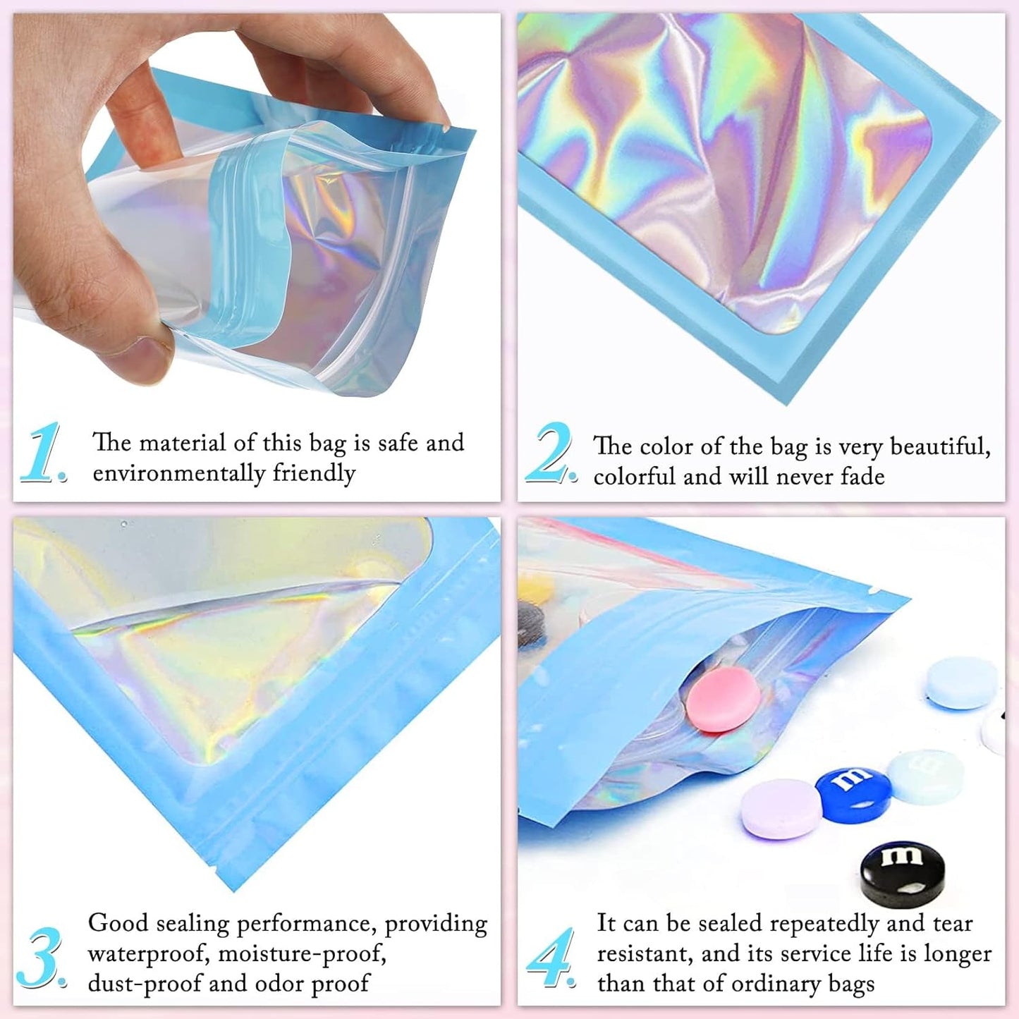 ANZNKU 100 Pcs Smell Proof Mylar Resealable Bags, Holographic Packaging Bags, Resealable Odor Foil Pouch Zip Bag with Clear Window for Food Storage and Lipgloss, Jewelry Lash (Blue, 5.5 x 7.9 Inch)