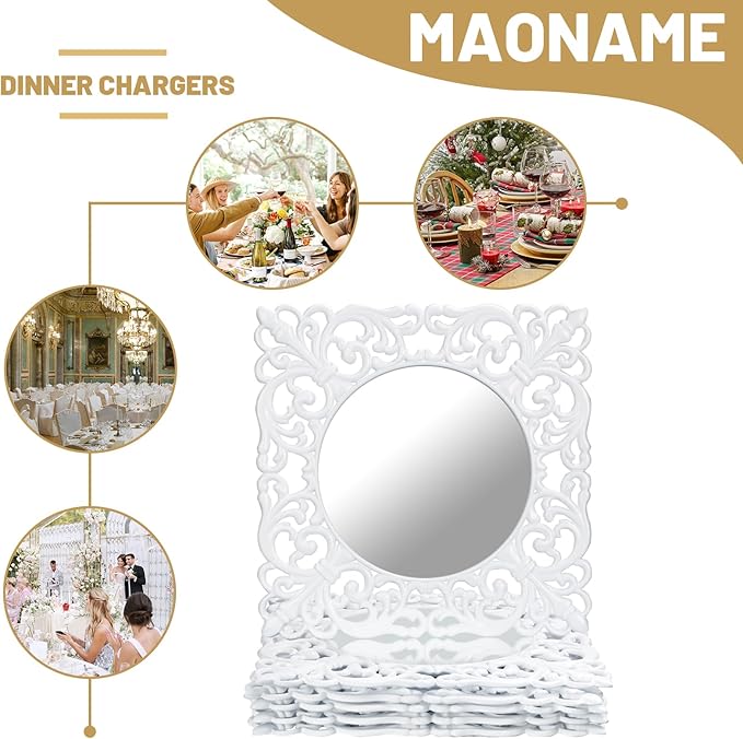 MAONAME 12" White Charger Plates Set of 6, Mirror Charger for Dinner Plates, Plastic Plate Chargers with Embossed Rims, Square Chargers for Table Setting, Wedding