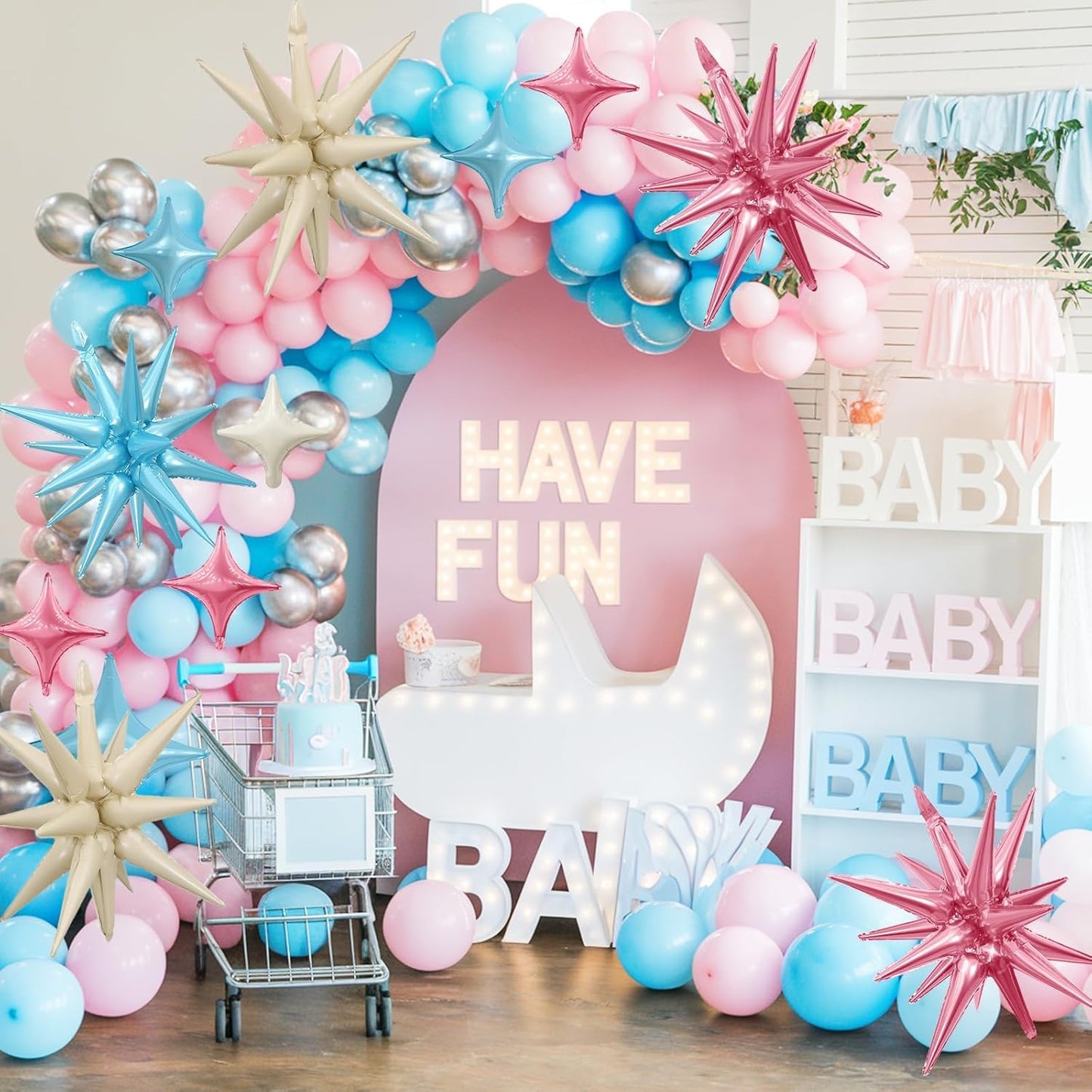 Pink Blue White Star Balloon,Pink Blue 6Pcs 22Inch Explosion Star Balloons and 10Pcs 10Inch Four Angle Balloons Kit for Birthday Anniversary Baby Shower Wedding Party Decorations