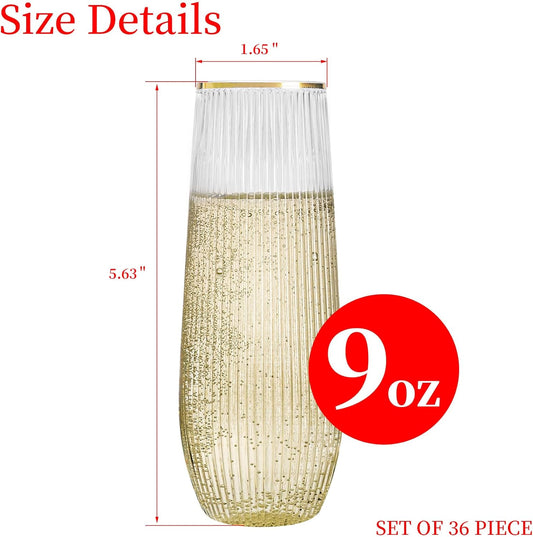 HOMIP 36pcs Plastic Champagne Flutes with Gold Rim - 9oz BPA-free Disposable Champagne Glasses, Ribbed Ripple Design for Weddings, Parties, Bars & Events (Stemless, Durable)