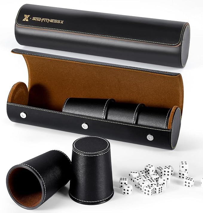 Leather Dice Cup Set, 5 Black Dice Cups + 25 Dices + Exclusive Storage and Transport Case Made of Faux Leather (Black x2)