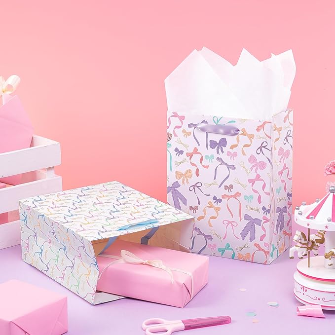 Loveinside Medium Size Gift Bags, Colorful Bow Pattern Gift Bag with Tissue Paper for Shopping, Parties, Wedding, Baby Shower, Craft-4 Pack, 7" X 4" X 9"