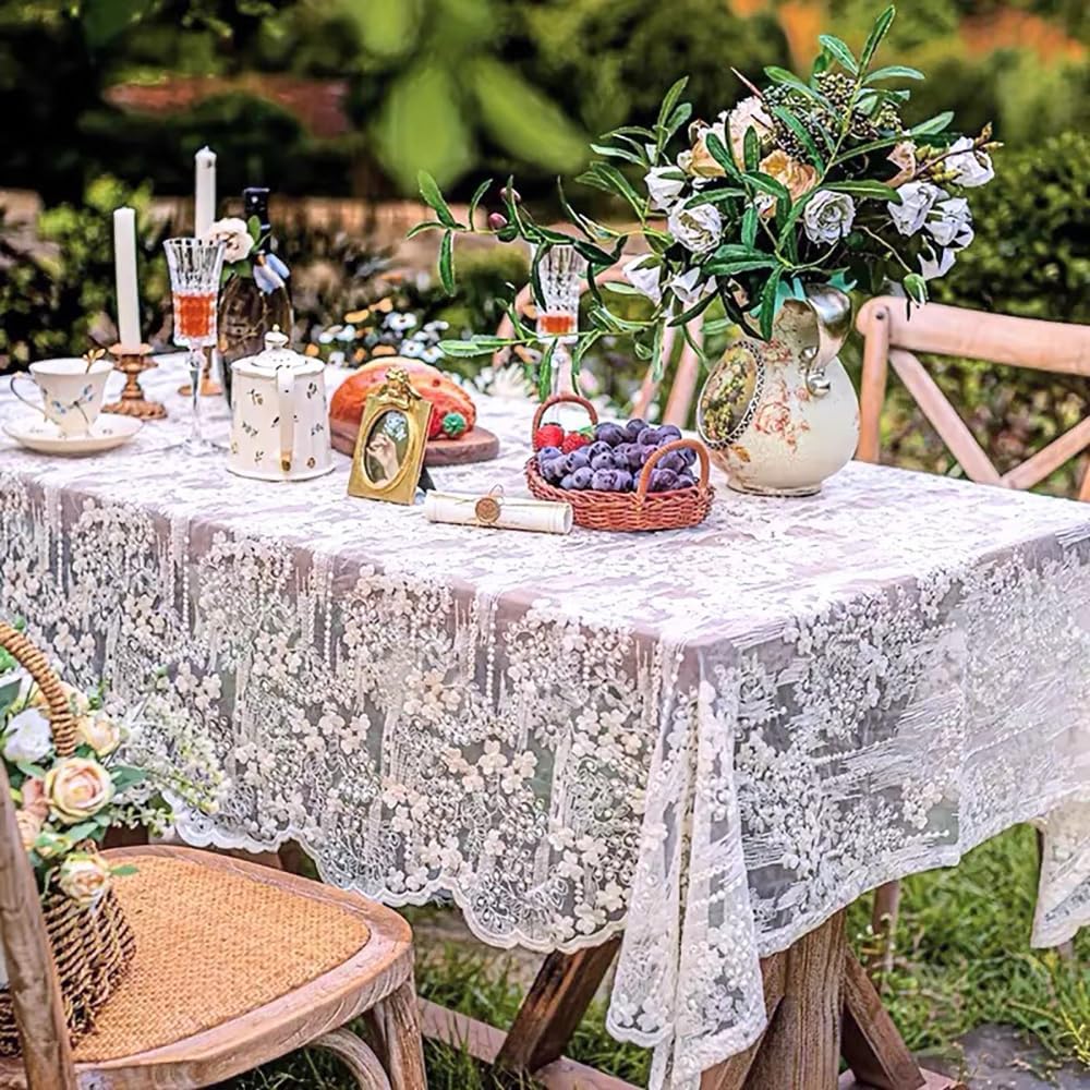 French Embroidery Lace Tablecloth - Round/Rectangular/Square Options for Coffee Tables, Vintage White Lace Table Cover for Kitchen, Dining Room, Party, Banquet, Wedding, Picnic, Home Decor（118*53in）