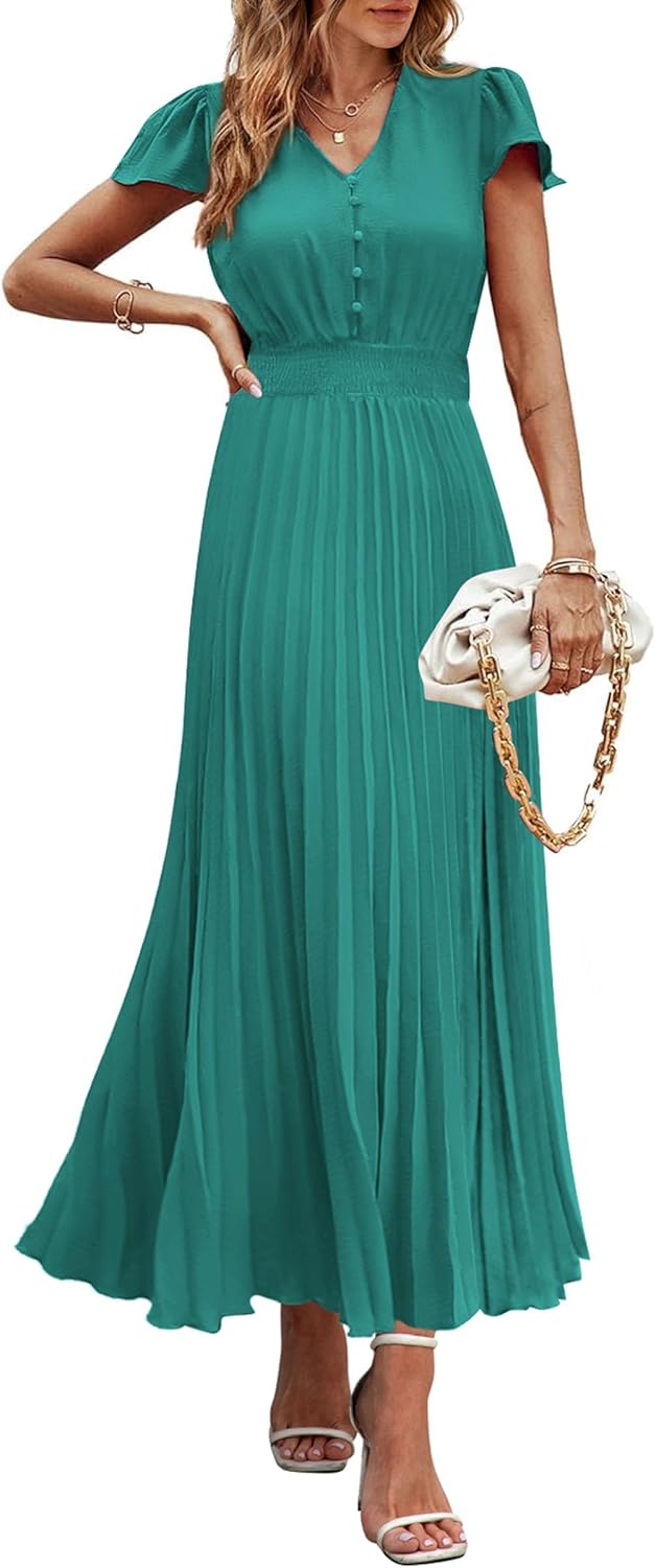PRETTYGARDEN Women's Maxi Dresses 2025 Summer Trendy Cap Short Sleeve Button V Neck Casual Flowy Pleated Long Dress