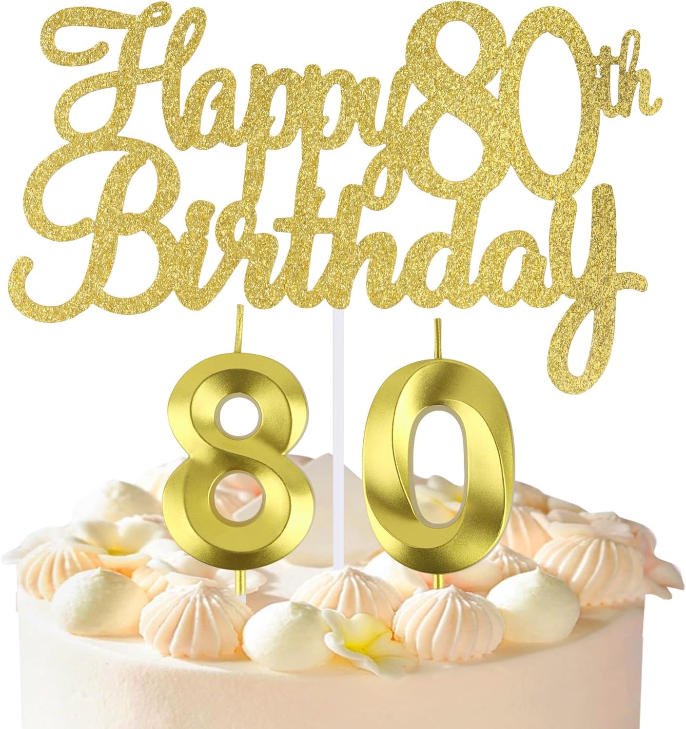 80 th Birthday Candles + Happy 80th Birthday Cake Topper, Number 80 Candles，80 Cake Topper, Happy 80th Birthday Cake Decorations, 80 Birthday Decoration for Women and Men (80)