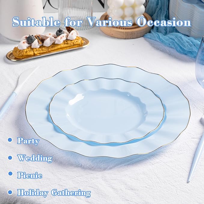 HIGH END 100 Pcs Blue Wave Plastic Plates with Gold Trim, Fancy Disposable Plate Sets Include 50 Dinner & 50 Dessert Plastic Plates, Elegant Disposable Plate Set For Party, Thanksgiving (50 Guests)