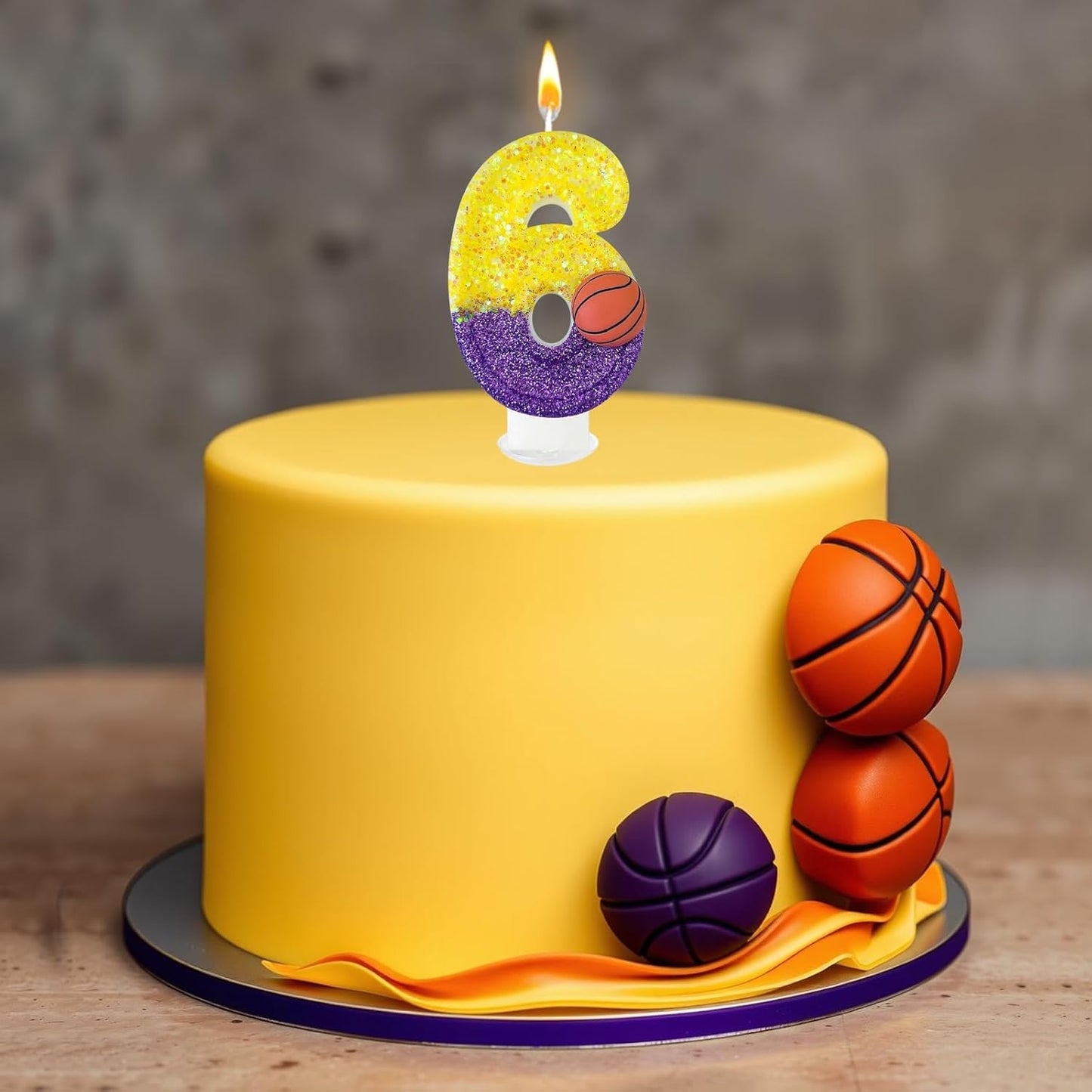 HXOUSE Basketball Number 6 Birthday Candles - Purple Gold Birthday Candles for Cake, 6 Candle for Basketball Theme Cake Topper, Boys Sport Party Decorations Gifts (No.6)
