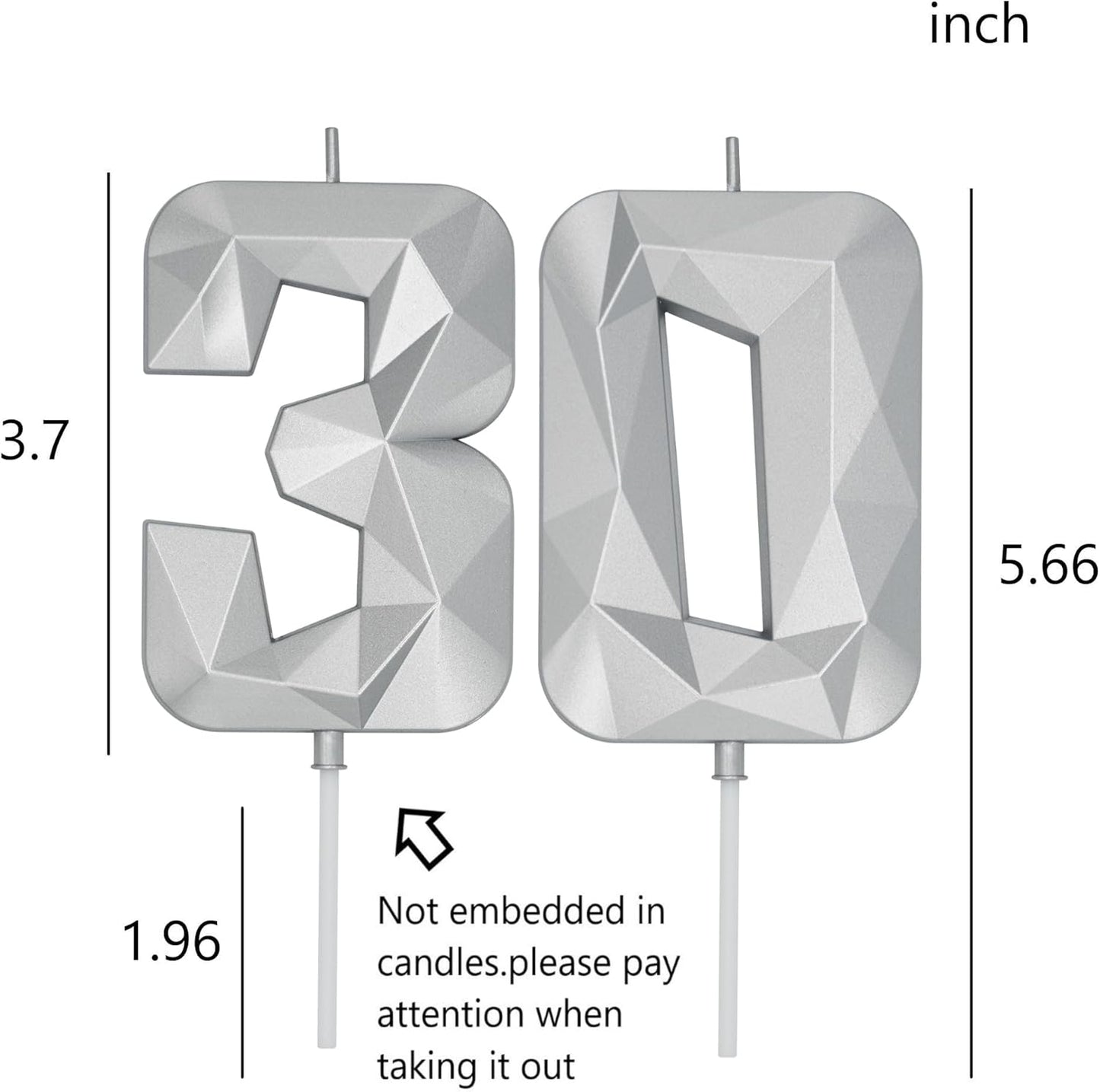 DERVENTA Birthday Candle Big Number 3D Silver 3.7 inch Party Celebration Anniversary Decoration Cake Topper 1 Piece (Number 30 Silver)