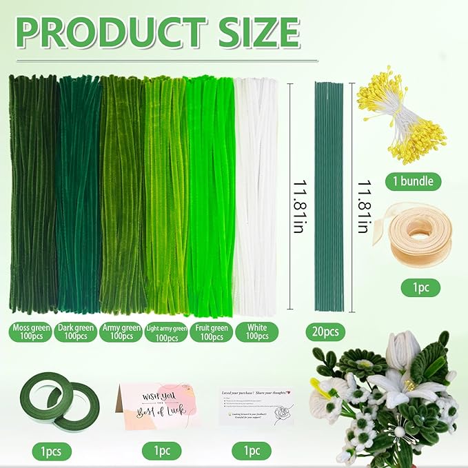 620 Pieces Green Pipe Cleaners Craft Set, 600 Pcs Chenille Stems with 20 Pcs Flower Stems, Craft Supplies Bulk for DIY Art and Craft Projects Creative Gift Wrapping Party Decorations(Green Series)