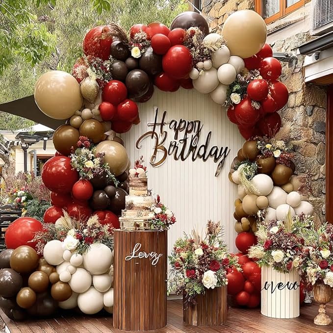 Red Balloon Garland Double Stuffed Dark Red Brown Burgundy Balloons Tan Nude White Sand Latex Balloon Arch Kit for Western Cowboy Farm Birthday Bridal Wedding Mother's Day Party Decorations