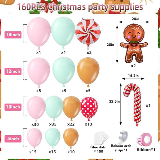 160Pcs Christmas Balloon Arch Garland Kit Xmas Pastel Pink Green Brown Latex Balloons Gingerbread Man Candy Cane Foil Balloons Arch Kit for Christmas New Year Party Birthday Party Decorations