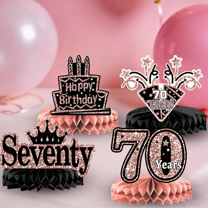 70th Birthday Decorations for Women, 38-Piece Black and Rose Gold 70 Years Old Party Supplies with Backdrop, Honeycomb Centerpieces, Banner, Hanging Swirls, Porch Banner, Balloons, Sash, Crown