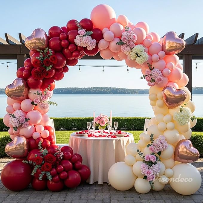 131Pcs Burgundy Red and Pink Valentines Balloons Arch Kit with Ivory & Rose Gold Heart Shaped Foil Balloons - Birthday, Proposal, Valentine's Day Decorations, Mother's Day, Wedding, Party Backdrop