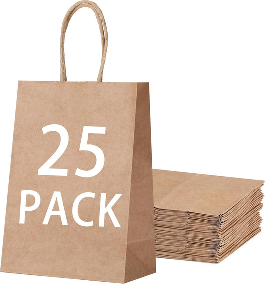 OEMVALATY 25Pcs 5.9x3.2x8.3 Inch Small Brown Paper Bags with Handles Bulk, Gift Wrap Bags Kraft Paper Gift Bags for Birthday Party Favors Grocery Retail Business Shopping Merchandise Goody Craft Bags