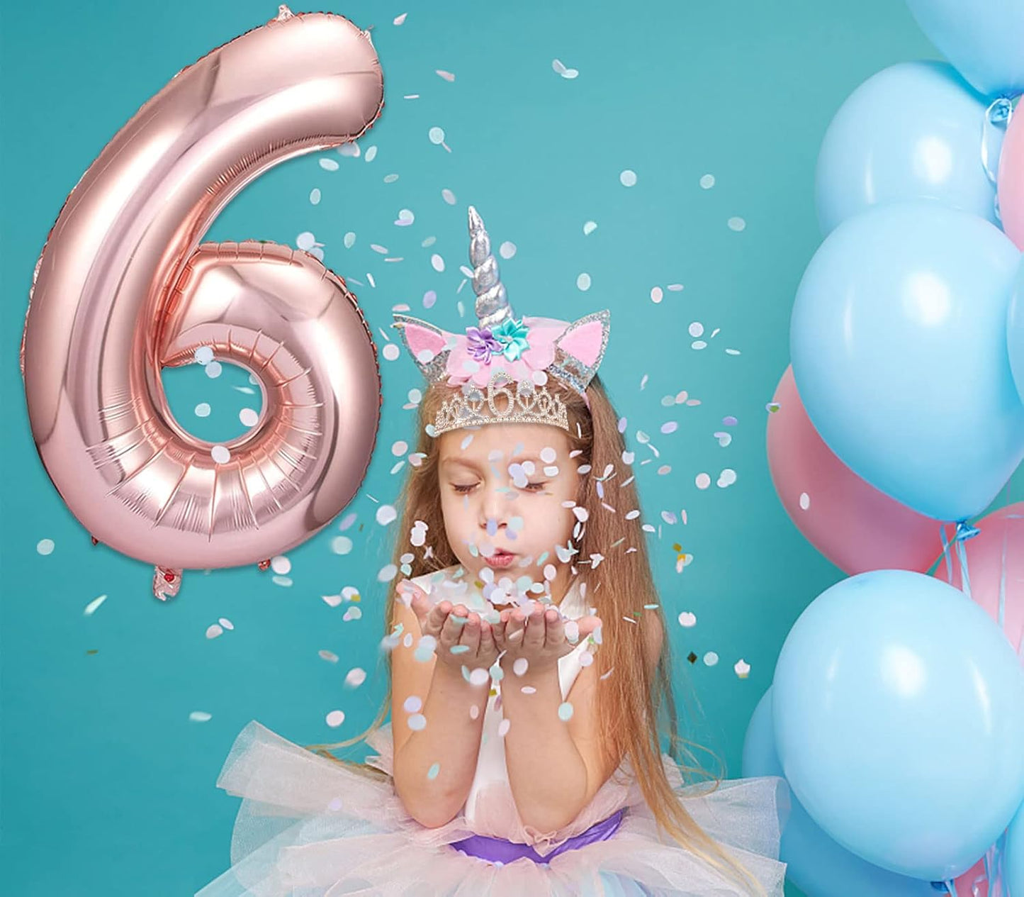 6th Birthday Decorations for Girls, Including 6 year old Birthday Cake Topper, Queen Sash with Pearl Pin, Sweet Rhinestone Tiara Crown, Number Candles and Balloons Set, Rose Gold