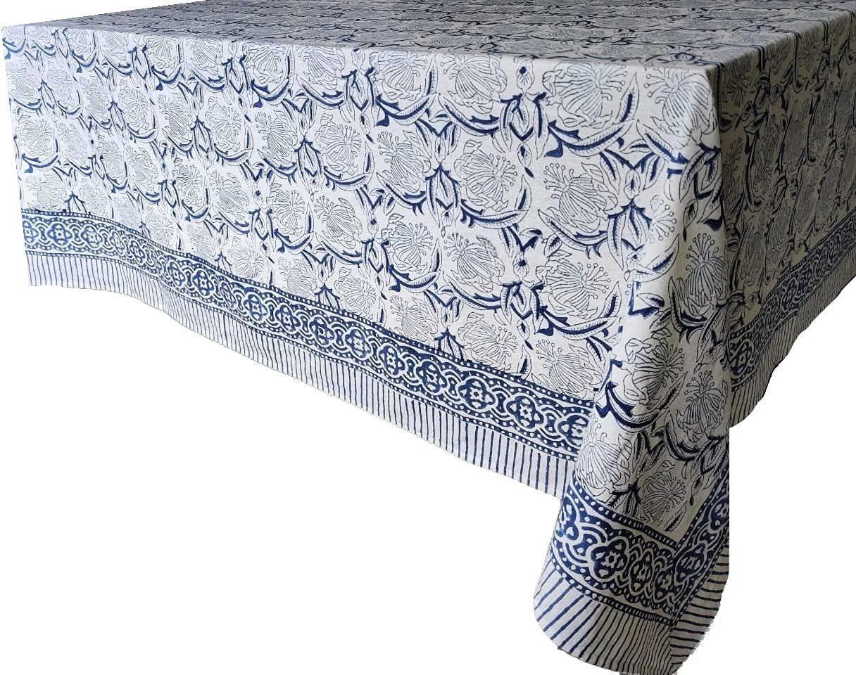 ATOSII ‘Santorini’ 100% Cotton Fall Tablecloth, Handblock Print Blue Rectangle Table Cloth for Kitchen I Dining Table Linen I Parties Wedding Christmas Thanksgiving I Fall Decor 60 X 90 Inches